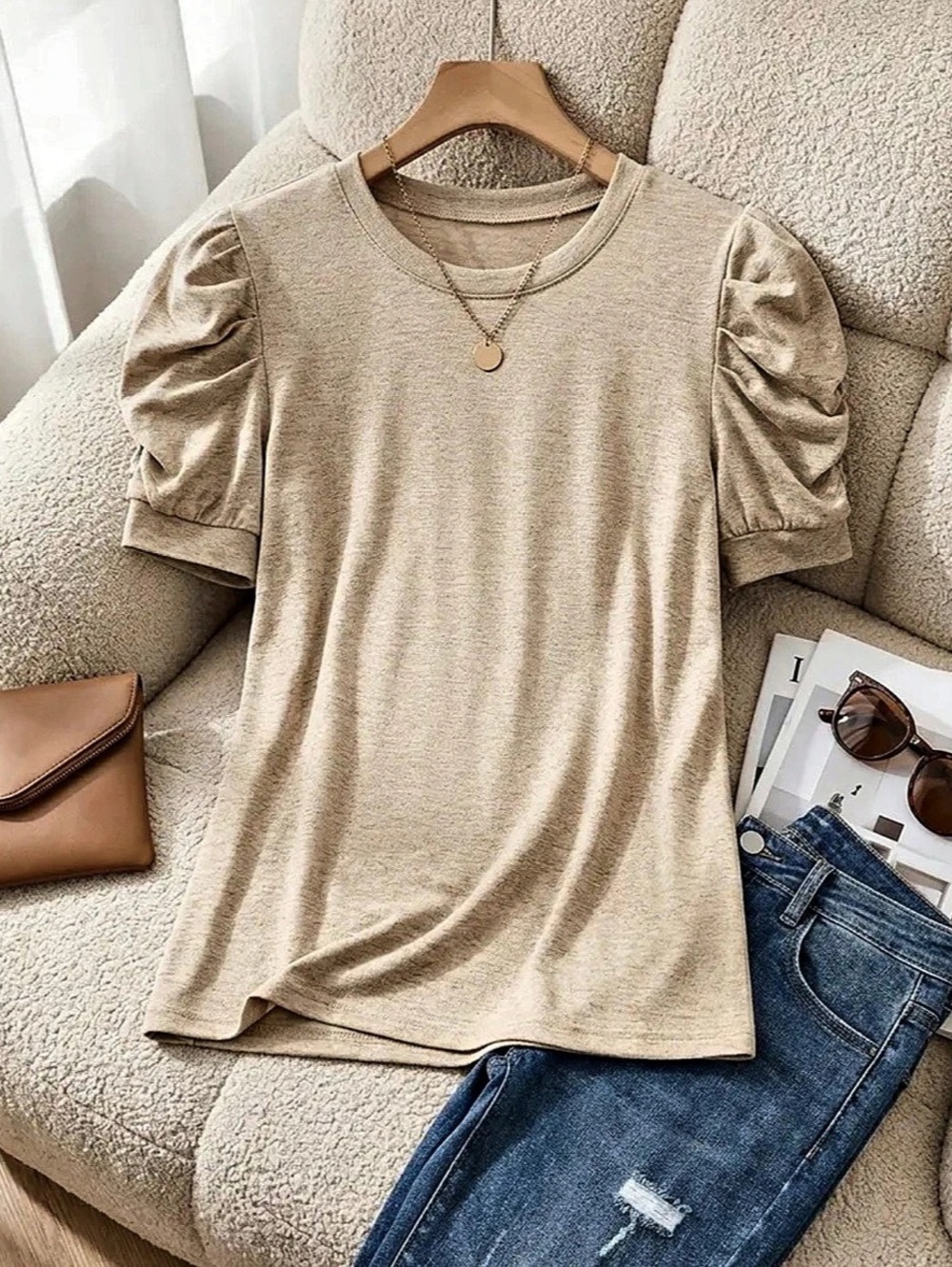 Women's Puff Sleeve Top in Beige Like New